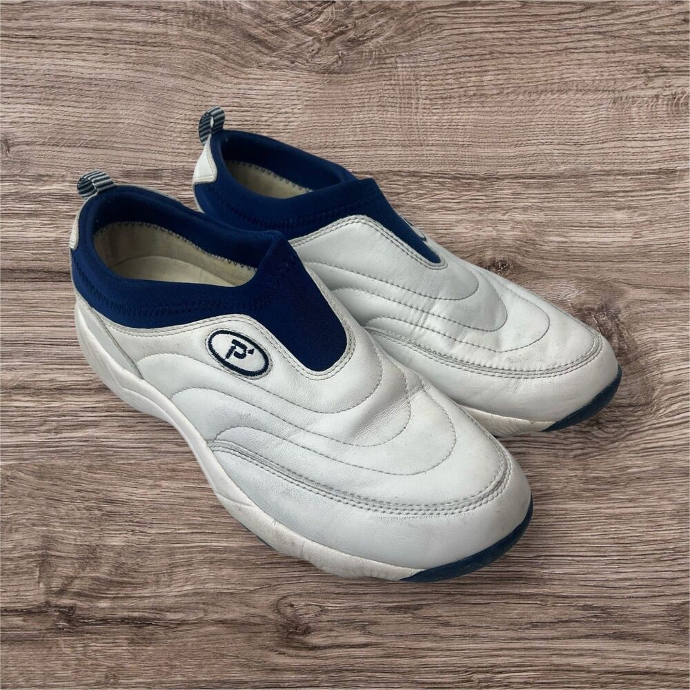 Propet White & Navy Slip-On Walking Shoes | Comfort Sneakers for Women Size 8.5